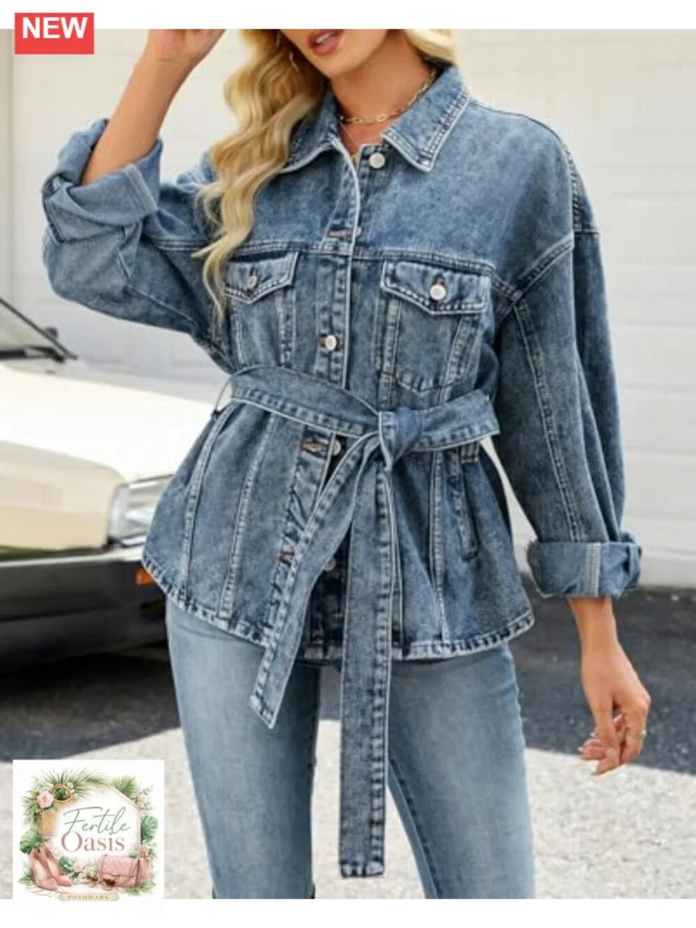 Oversized Denim Jacket with Belt Women Long Sleeve Button Down Boyfriend Jean